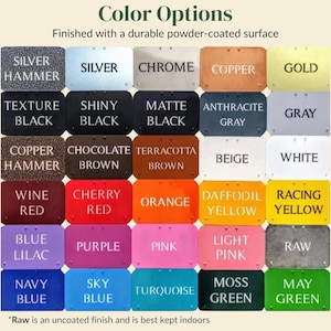 May include: A color chart displaying thirty rectangular swatches with a durable powder-coated surface. The grid includes various finishes like silver hammer, chrome, copper, gold, black, gray, white, red, orange, yellow, blue, pink, and green.