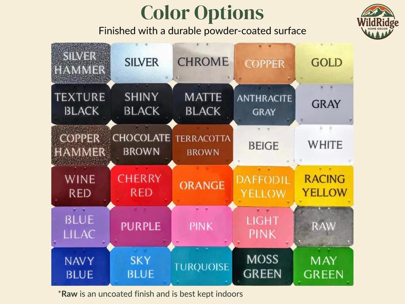 May include: A color chart displaying thirty rectangular swatches with a durable powder-coated surface. The grid includes various finishes like silver hammer, chrome, copper, gold, black, gray, white, red, orange, yellow, blue, pink, and green.