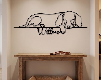 Personalized Dachshund Metal Wall Art, Custom Dog Name Sign, Sleeping Dog Line Art, Pet Memorial Gift