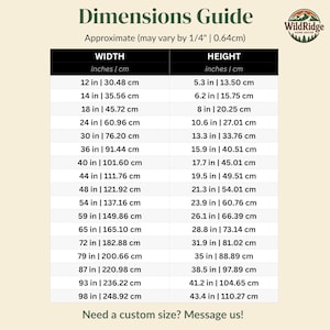 May include: A Dimensions Guide chart for WildRidge Home Decor featuring a table with width and height measurements in inches and centimeters. The text includes a note about approximate variations and a prompt to message for custom size requests.
