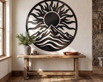Sun and Mountain Metal Wall Art, Mountain Lake Sunset Circle Sign, Boho Cabin Mountain Art, Lake House Patio Sign