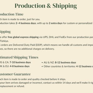 May include: An informational graphic titled Production & Shipping with the WildRidge Home Decor logo. It details production times of 2-4 business days, global express shipping via UPS, DHL, and FedEx, estimated delivery times, and a customer guarantee policy.