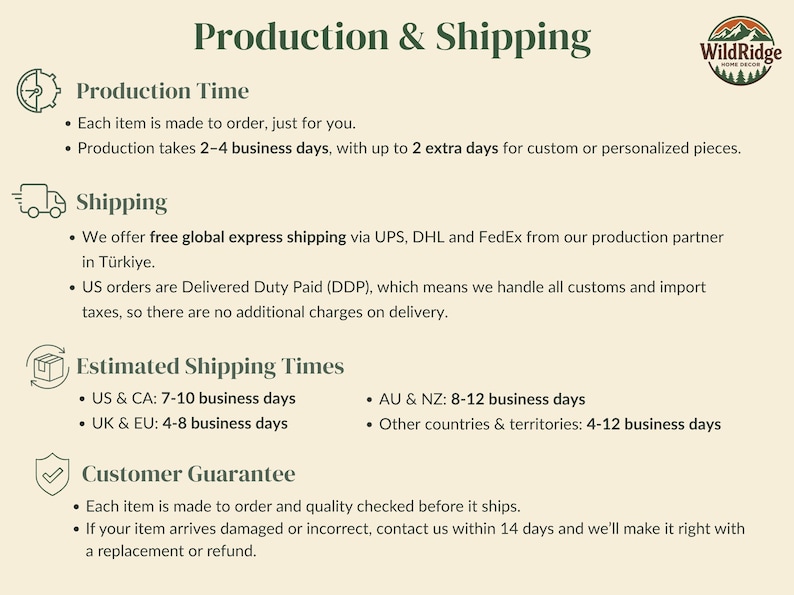 May include: An informational graphic titled Production & Shipping with the WildRidge Home Decor logo. It details production times of 2-4 business days, global express shipping via UPS, DHL, and FedEx, estimated delivery times, and a customer guarantee policy.