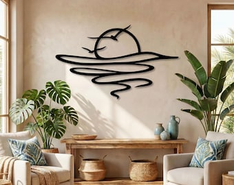 Sun Ocean and Birds Metal Wall Art, Coastal Sunset Patio Decor, Nautical Beach House Art, Boho Coastal Sunrise Silhouette Decor