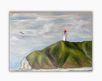 Pintura al óleo original de un faro de 5 x 7 pulgadas / Arte de paisaje costero / Obra de arte marina pequeña / Decoración de pared de acantilado oceánico / Pintura única