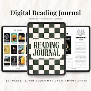May include: A digital reading journal displayed on three tablet screens. The center screen features a dark green and cream checkered cover with the text READING JOURNAL. The side screens show book library layouts and review pages with star ratings.