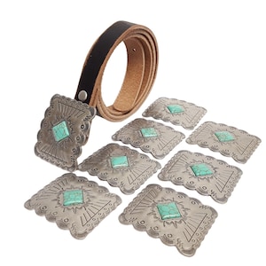 Rektangulärt concho-bälte i äkta slitet läder