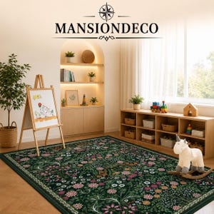 May include: A rectangular area rug featuring a dark green background with a dense, intricate pattern of multi-colored flowers, leaves, and vines. The rug is positioned in a room with a wooden easel, a wooden shelving unit, and a rocking unicorn toy.