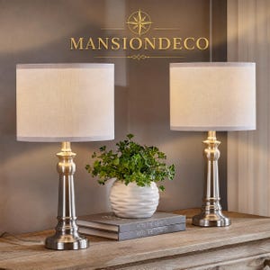 Modern Table Lamps Set of 2, Bedroom Nightstand Lamps, Silver Metal Base with White Shade,Living Room Lighting, Contemporary Home Decor Lamp