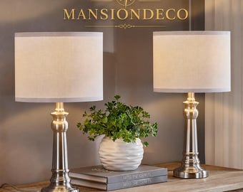 Modern Table Lamps Set of 2, Bedroom Nightstand Lamps, Silver Metal Base with White Shade,Living Room Lighting, Contemporary Home Decor Lamp