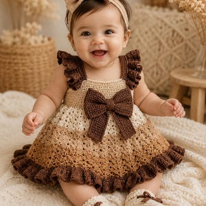 May include: A crochet dress featuring a gradient of beige to dark brown, adorned with a large dark brown bow at the center, ruffled shoulder straps, and a ruffled hem. The outfit includes a matching beige headband with a bow and cream booties.