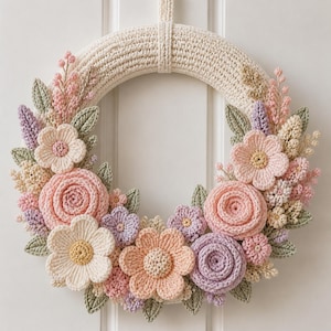 May include: A handcrafted crochet wreath featuring a cream-colored base adorned with pastel-colored crochet flowers and green leaves. The wreath includes pink, peach, and lavender flowers, creating a soft, spring-like aesthetic. The wreath is designed for door or wall decor.