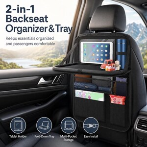 Car Backseat Organizer with Fold Down Tray, Kids Travel Accessory with Touch Screen Holder, Waterproof 600D Oxford  Seat Protector