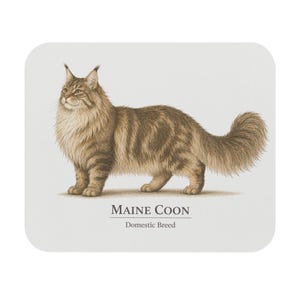 May include: A rectangular coaster featuring a detailed illustration of a Maine Coon cat. The cat has brown and tan striped fur, a fluffy tail, and text that reads "Maine Coon, Domestic Breed."