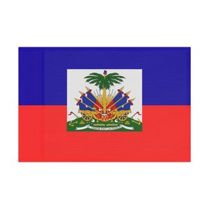 Puede incluir: La bandera de Haití, con una mitad superior azul y una mitad inferior roja. El centro muestra el escudo de armas haitiano sobre un fondo blanco. El escudo incluye una palmera, cañones y el lema "L'Union Fait La Force."