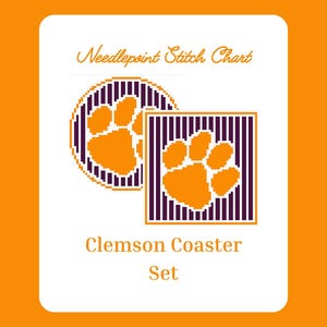 May include: Needlepoint stitch chart for a Clemson Coaster Set. The design features an orange paw print within a circle and a square, both with purple and white striped backgrounds, set against an orange background.