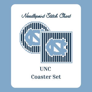 Puede incluir: Un gráfico de punto de aguja para un juego de posavasos UNC con un diseño circular y otro cuadrado. Ambos patrones muestran un logotipo UNC azul claro sobre un fondo de rayas verticales azul oscuro. El texto dice Needlepoint Stitch Chart.