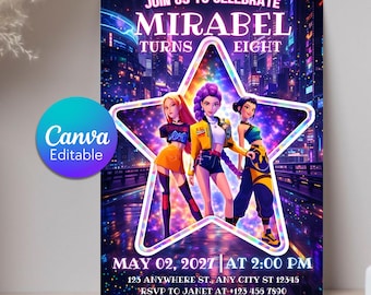Convite de aniversário K-Pop Caçadora de Demônios, convite editável para festa de meninas (download digital)