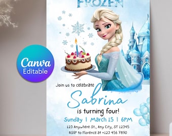 Convite de aniversário da Elsa de Frozen, modelo para festa de inverno na neve (download digital)