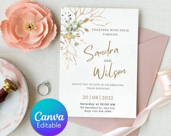 Convite de casamento com folhagem dourada, design botânico elegante (download digital)