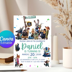 May include: A Zootopia-themed birthday invitation card featuring characters like Judy Hopps and Nick Wilde. The text reads: Please join us to celebrate Daniel is turning 5! March 20, 2030, 3pm-6pm, 123 Anywhere St Any City, ST 12345, RSVP to Noah at +123-456-7890.