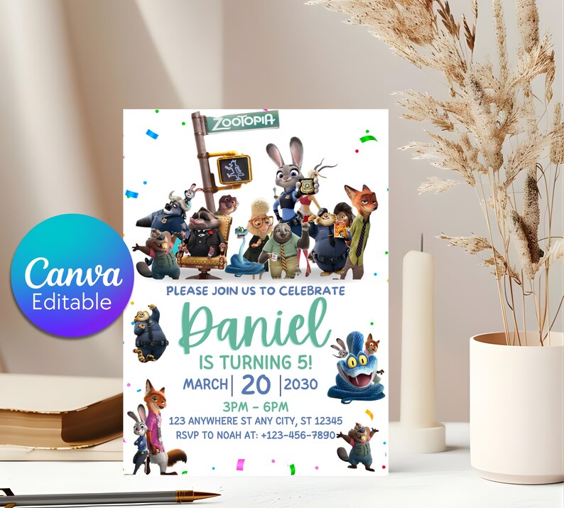 May include: A Zootopia-themed birthday invitation card featuring characters like Judy Hopps and Nick Wilde. The text reads: Please join us to celebrate Daniel is turning 5! March 20, 2030, 3pm-6pm, 123 Anywhere St Any City, ST 12345, RSVP to Noah at +123-456-7890.