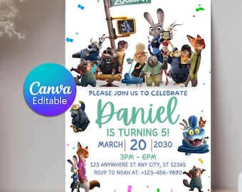 Convite de aniversário Zootopia, convite para festa infantil, convite editável em Canva com Judy Hopps e Nick Wilde, download digital para festa com tema de animais.