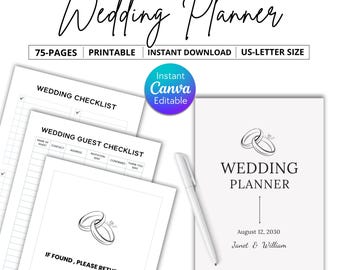 Modelo de Planejador de Casamento Imprimível, Pasta Editável no Canva (Download Digital)