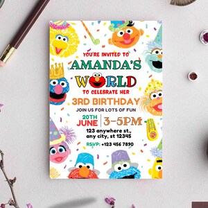 May include: A colorful birthday party invitation featuring cartoon characters. The invitation reads "Amanda's World" and "3rd Birthday". The date and time are listed, along with an RSVP phone number. The design includes confetti and character illustrations.