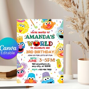 May include: A colorful birthday party invitation featuring Sesame Street characters. The invitation reads "Amanda's World" and "3rd Birthday". The design includes the text "Join us for lots of fun" and event details.
