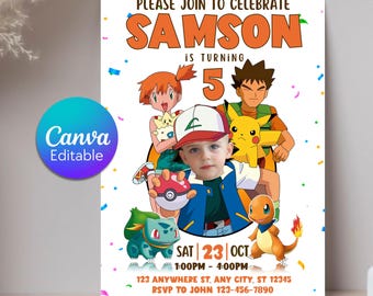 Convite de aniversário Pokémon personalizado, convite de aniversário Pokémon com foto, convite em formato de carta Pokémon, convite para festa de aniversário de menino, download