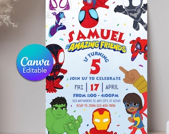 Spidey Friends Birthday Invitation, Editable Kids Party Invite (Digital Download)