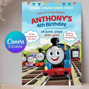 May include: A colorful birthday invitation featuring cartoon trains on tracks. The invitation reads "ANTHONY'S 4th Birthday" with event details: date, time, and RSVP information. A Canva Editable logo is in the corner.