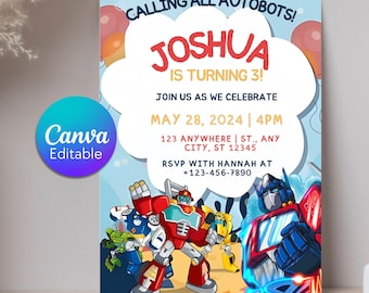 Convite de aniversário dos Rescue Bots, convite para festa de aniversário de menino dos Autobots, editável (download digital)