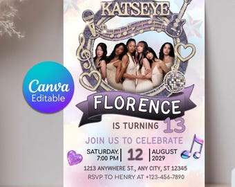 Convite de Aniversário Katseye, Convite para Festa de Aniversário Infantil com Tema de Estrela Pop, Modelo Editável no Canva, Cartão de Aniversário para Grupo Musical Feminino, Download Digital