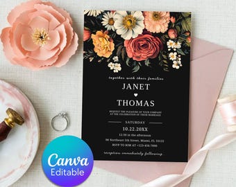 Convite de casamento elegante com estampa floral preta, design floral moderno em tons escuros (download digital)