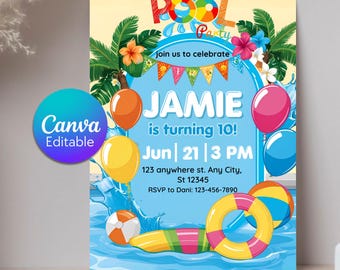 Pool Party Birthday Party Invitation, Whimsical Swim Birthday Invite, Pink Bow Coquette Summer Birthday Pool Celebration, Instant Download