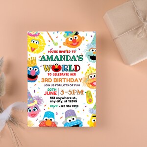 May include: A colorful birthday invitation featuring Sesame Street characters. The invitation reads "Amanda's World" and "3rd Birthday." The design includes confetti and the event details: June 20th, 3-5 PM, and an RSVP number.