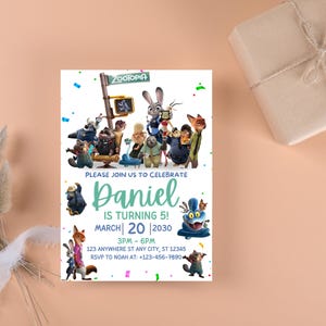 May include: A rectangular Zootopia themed birthday invitation card featuring various animated animal characters, the text "PLEASE JOIN US TO CELEBRATE Daniel IS TURNING 5! MARCH 20 2030 3PM - 6PM 123 ANYWHERE ST ANY CITY, ST 12345 RSVP TO NOAH AT: +123-456-7890".