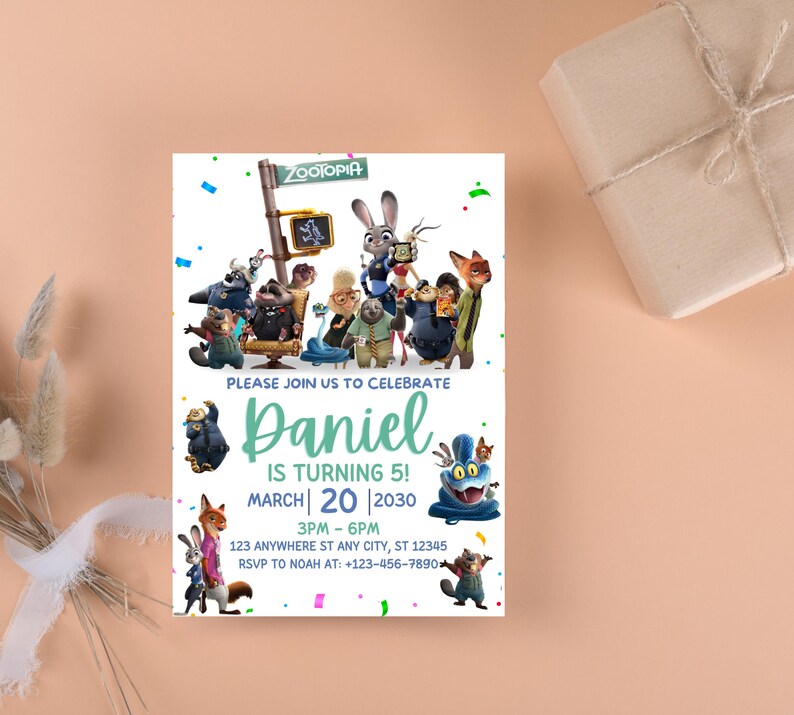 May include: A rectangular Zootopia themed birthday invitation card featuring various animated animal characters, the text "PLEASE JOIN US TO CELEBRATE Daniel IS TURNING 5! MARCH 20 2030 3PM - 6PM 123 ANYWHERE ST ANY CITY, ST 12345 RSVP TO NOAH AT: +123-456-7890".