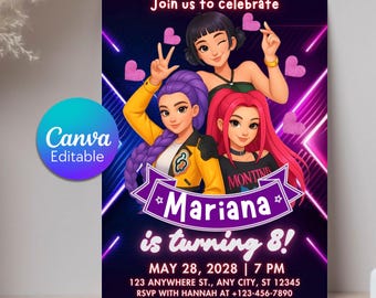Convite de aniversário editável de caçador de demônios K-Pop, convite para festa de herói astro pop (download digital)