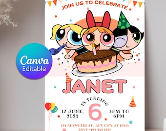 Convite de aniversário das Meninas Superpoderosas, convite editável para festa infantil no Canva (download digital)