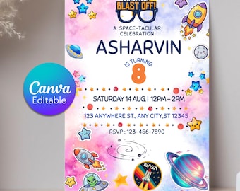 Convite para Festa de Aniversário Espacial, Convite de Astronauta e Foguete, Aniversário Infantil com Tema Galáxia e Espaço Sideral, Convite de Aniversário Infantil com Tema de Decolagem