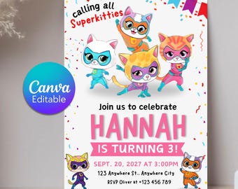 Convite de Aniversário SuperKitties, Modelo de Convite Editável para Festa de Gatinhos (Download Digital)