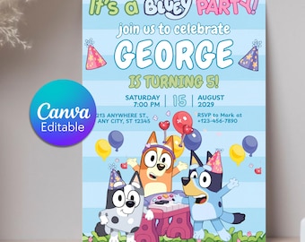 Convite de Aniversário da Bluey, Convite de Aniversário Editável da Bluey e Bingo, Convite para Festa de Aniversário com Tema da Bluey, Convite Editável para Festa Infantil