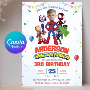 Spidey Friends Birthday Invitation, Personalized Face, Kids Party (Digital Download)