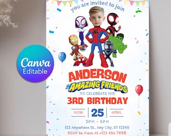 Spidey Friends Birthday Invitation, Personalized Face, Kids Party (Digital Download)