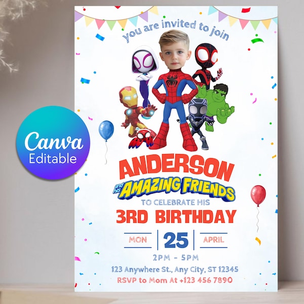 Może przedstawiać: Zaproszenie na urodziny z dzieckiem przebranym za Spider-Mana i innymi postaciami z kreskówek. Zaproszenie zawiera tekst "ANDERSON & THE AMAZING FRIENDS" oraz szczegóły dotyczące obchodów 3. urodzin.
