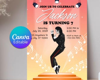 Convite de aniversário do astro pop Michael Jackson, convite para festa temática do MJ, convite editável para festa infantil, convite de aniversário com o passo de dança "Moonwalk" do MJ