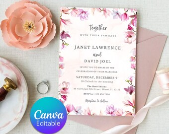Convite de casamento floral rosa blush, elegante cartão de casamento no jardim (download digital)